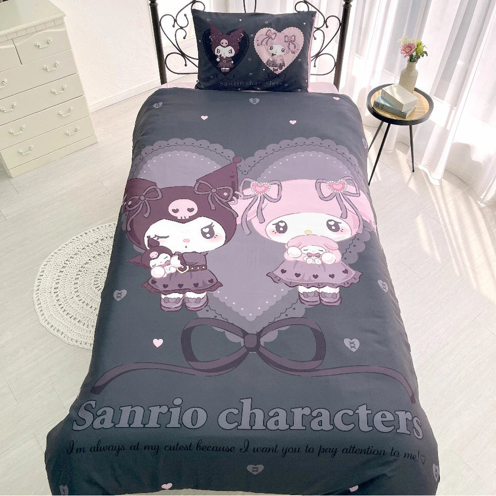 【Sanrio サンリオ】メロクロ エバ柄柄がが布団ふとんカバーセット(布団カバー・シーツ・ピローケース)カバーリング3点セット (C)'23 SANRIO(L)