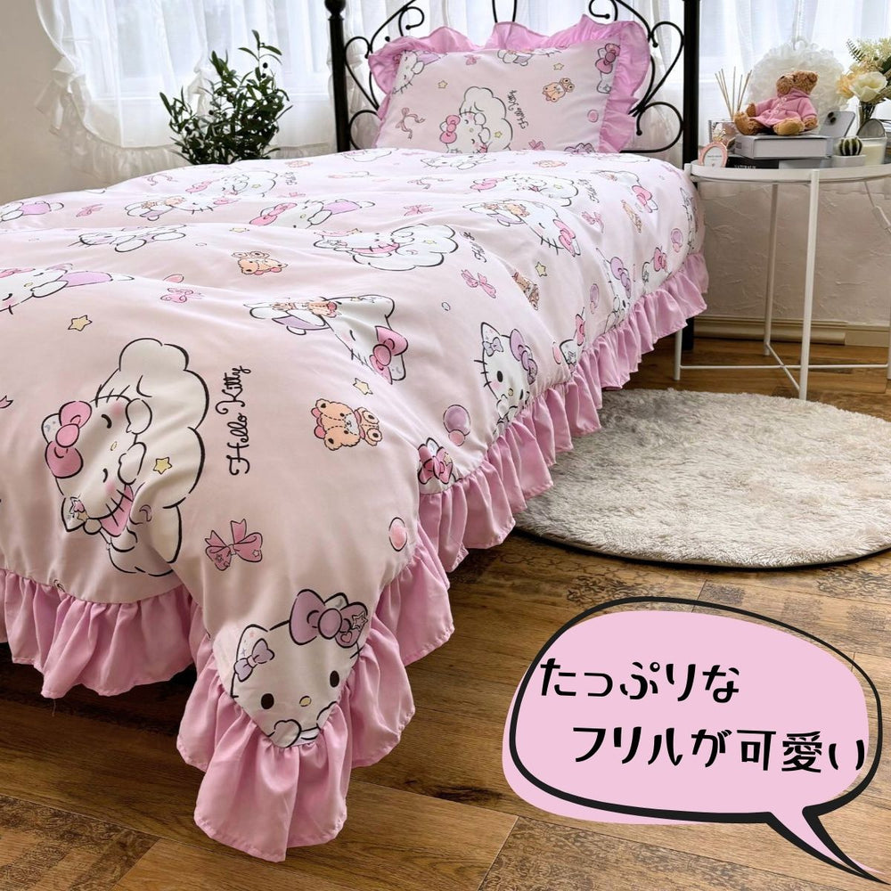 【Sanrio サンリオ】ハローキキティ総柄フリル布団カバー3点セット(布団カバー・シーツ・ピローケース)カバーリング3点セット (C)'24 SANRIO(L)