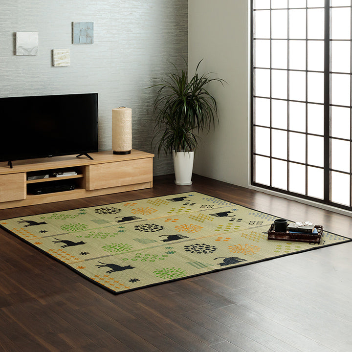 夏涼しい!人気!ネコのシルエットデザインのい草ラグ カーペット「NSはなねこ」 180×180cm 180×240cm