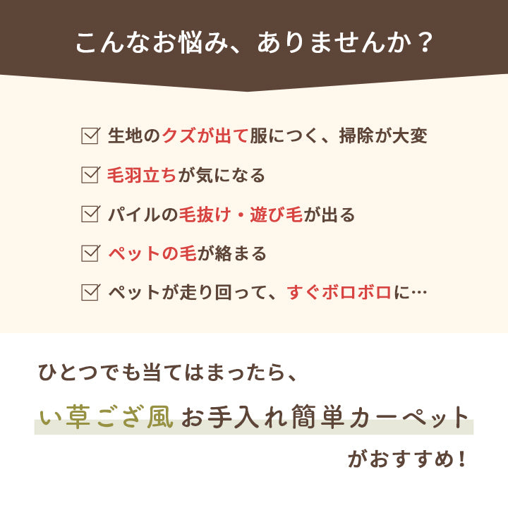両面使用できるリバーシブル仕様!カジュアルモダンに夏をくつろぐ 純国産 い草ござ風お手入れ簡単洗えるカーペット ミーサ