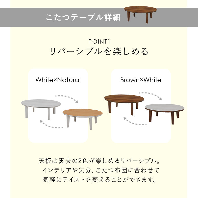 天板がリバーシブルでオールシーズン活躍するカジュアルコタツと軽くてかさばらない布団 楕円形こたつ+布団掛敷3点セット 本体巾105cm