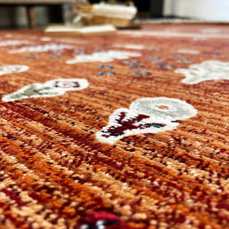 大地の恵みを感じさせてくれる木や花のモチーフがいきいきと愛らしい鮮やかな色合いが印象的なギャベデザインウィルトンラグ カレル【オレンジ】