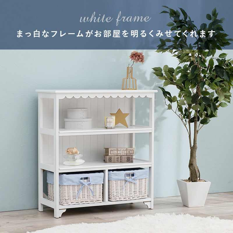 まるでフリルが付いたようなデザインが可愛いデザインのキャビネット。内布付きバスケット2つ付き(約)幅70×奥行30×高さ75cm