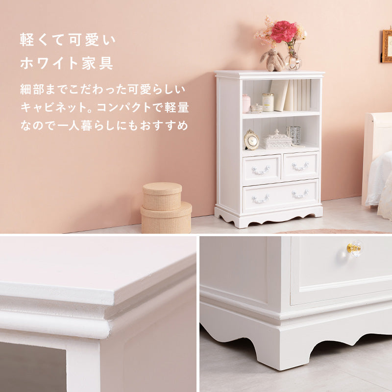 キラキラとしたクリスタル調の取っ手がついた上品なオープンラック キャビネット(ホワイト)(約)幅60×奥行33.5×高さ91cm