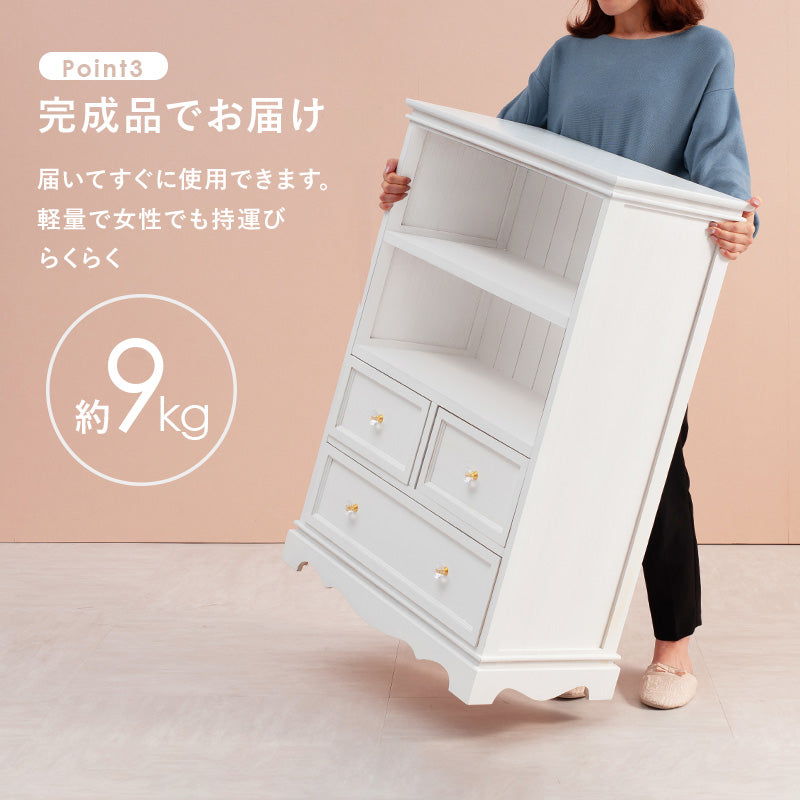キラキラとしたクリスタル調の取っ手がついた上品なオープンラック キャビネット(ホワイト)(約)幅60×奥行33.5×高さ91cm
