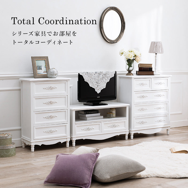 コロンとした脚と、繊細な浮き彫りが上品なチェスト (ホワイト)(約)幅50×奥行33×高さ80cm