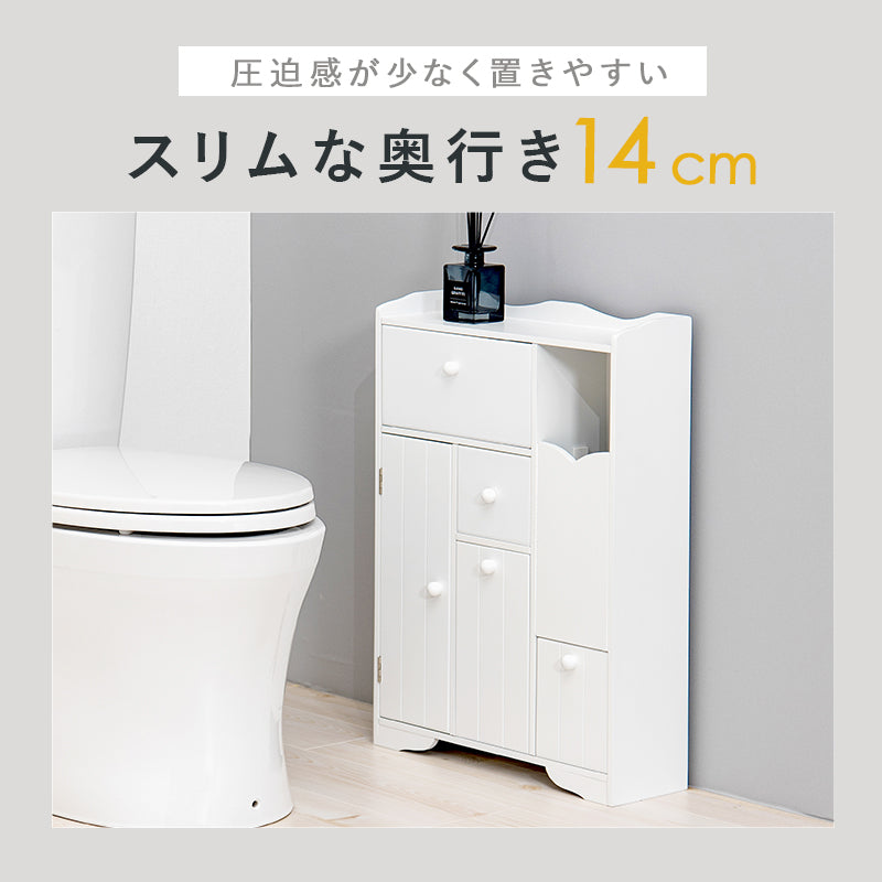 ペーパーロールやお掃除ブラシなどを清潔スッキリ収納できる清潔なホワイト色の大容量トイレラック(ホワイト)(約)幅45×奥行14×高さ63cm