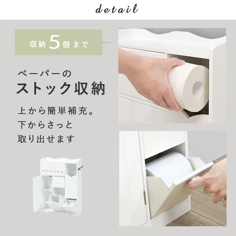 ペーパーロールやお掃除ブラシなどを清潔スッキリ収納できる清潔なホワイト色の大容量トイレラック(ホワイト)(約)幅45×奥行14×高さ63cm