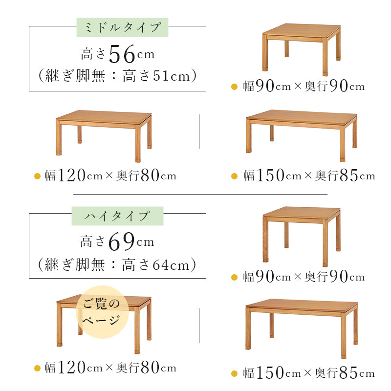 天然木のぬくもりを感じられるダイニングこたつテーブル。5cmの継脚付きで椅子に合わせて高さを変えられます。リビングコタツ 幅120cm