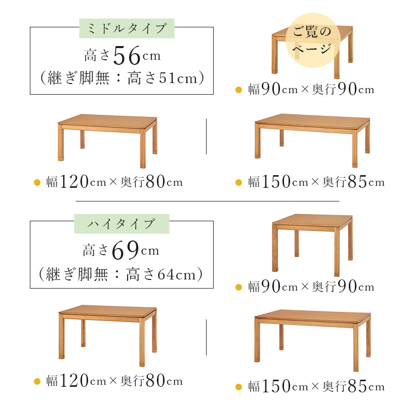 天然木のぬくもりを感じられるダイニングこたつテーブル。5cmの継脚付きで椅子に合わせて高さを変えられます。リビングコタツ 幅90cm