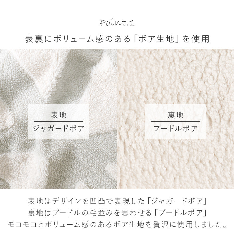 ふんわりとした北欧柄のボア生地が身体を包み込みます。軽くてかさばらない中綿なしタイプの洗濯可能うす掛けこたつ布団