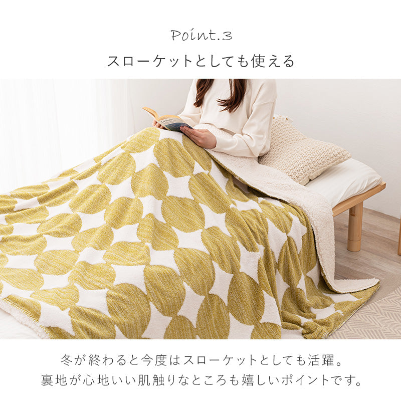 ふんわりとした北欧柄のボア生地が身体を包み込みます。軽くてかさばらない中綿なしタイプの洗濯可能うす掛けこたつ布団