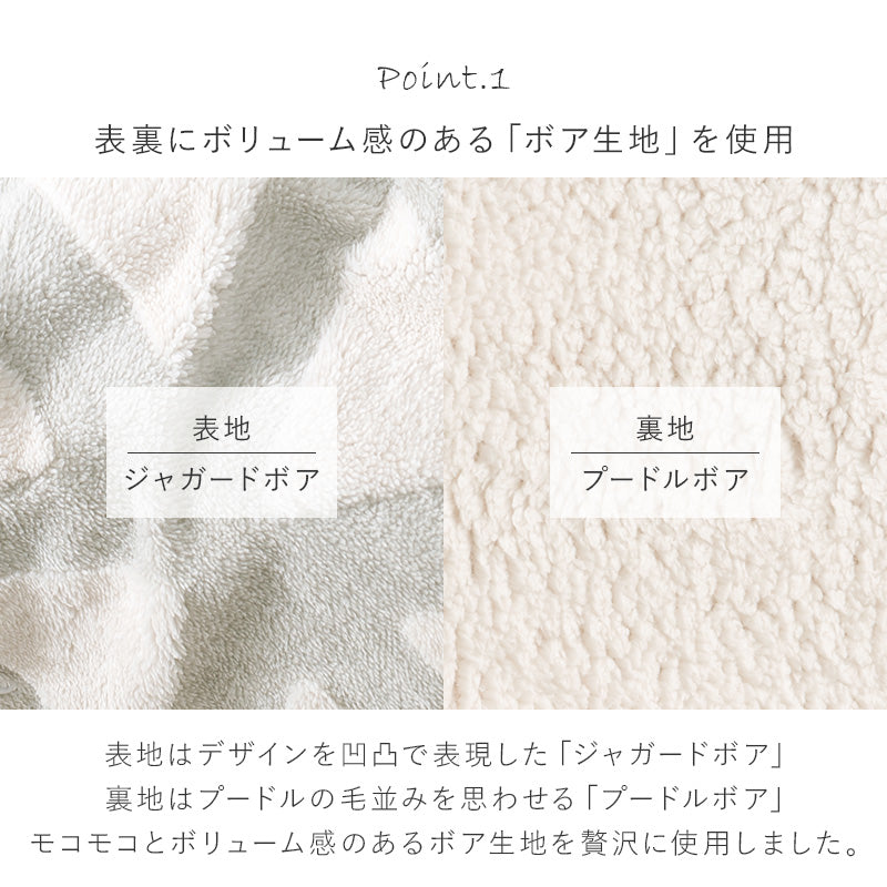 ふんわりとした北欧柄のボア生地が身体を包み込みます。軽くてかさばらない中綿なしタイプの洗濯可能うす掛けこたつ布団