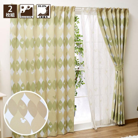 【Disney ディズニー】北欧柄で人気のある柄と三つ丸でナチュラル可愛いミッキーマウス2級遮光カーテン 2枚組