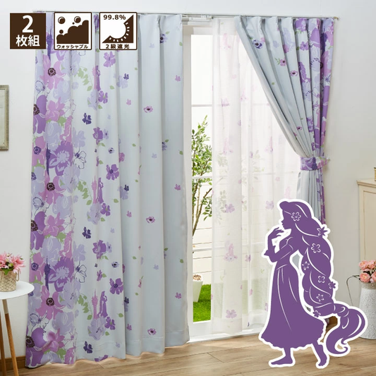 【Disney ディズニー】 大輪のお花とラプンツェルのシルエットがとても大人っぽい2級遮光カーテン 2枚組