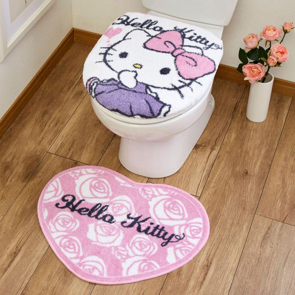 ハローキティのフタカバーとマットのセット!トイレをファンシーな空間へ<ハローキティ トイレフタカバー・トイレマット2点SET>