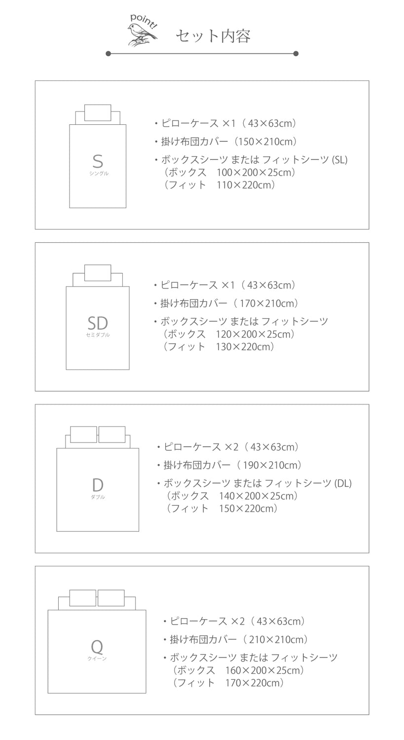 綿100%!オールシーズン使えて肌触りも柔らか<ボックスシーツ・掛け布団カバー・ピローケース3点SET セミダブルサイズ>