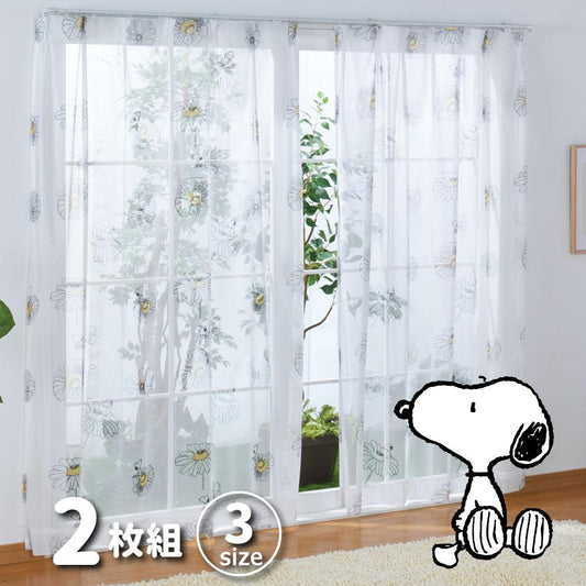 【SNOOPY スヌーピー】スヌーピーのフラワー柄がかわいいシンプルなデザインのレースカーテン 2枚組