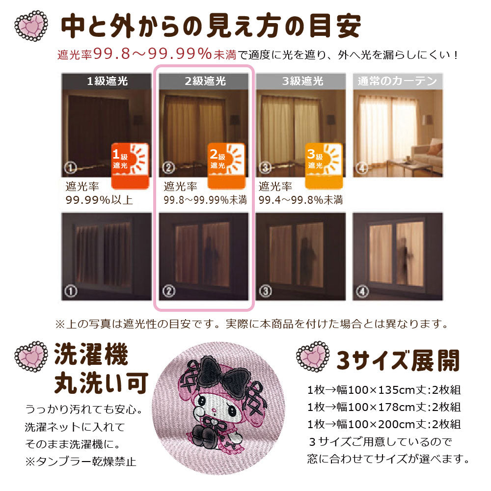 【Sanrio サンリオ】真夜中のメロクロデザインのクロミ・マイメロの2級遮光カーテン 2枚組