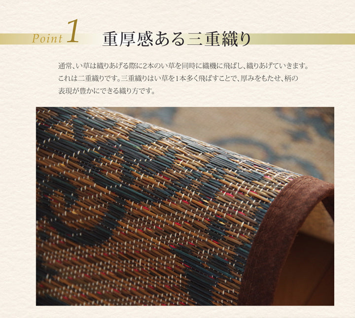オリエンタル柄を表現し洋室でも和室でもご使用いただける純国産い草ラグカーペット オーディーン 裏面:不織布タイプ