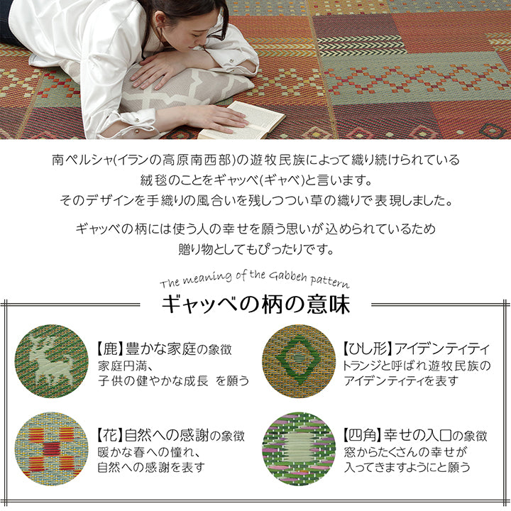 ギャベ柄で明るいデザインに仕上げたい草花ござカーペット 裏面:不織布タイプ