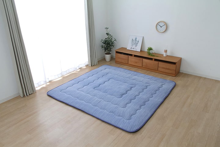 さらっとした肌触りとひんやりとした冷感素材の生地が特徴の冷感6層ラグ