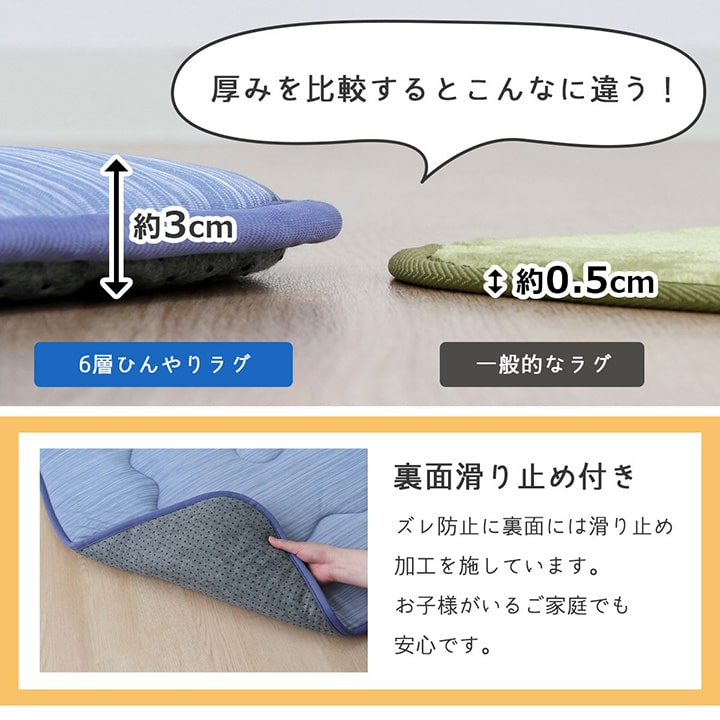さらっとした肌触りとひんやりとした冷感素材の生地が特徴の冷感6層ラグ