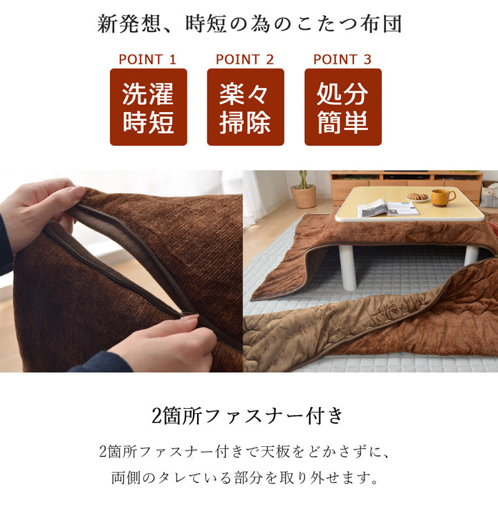 2か所ファスナー付きで部分洗いができるこたつ布団