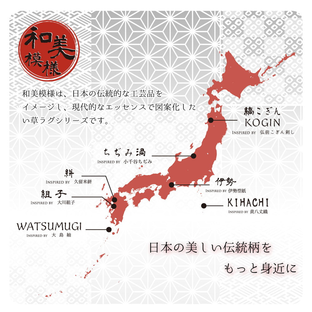 昔ながらのい草という和風素材をシャープで現代的な印象にも感じられるデザインのい草ラグ