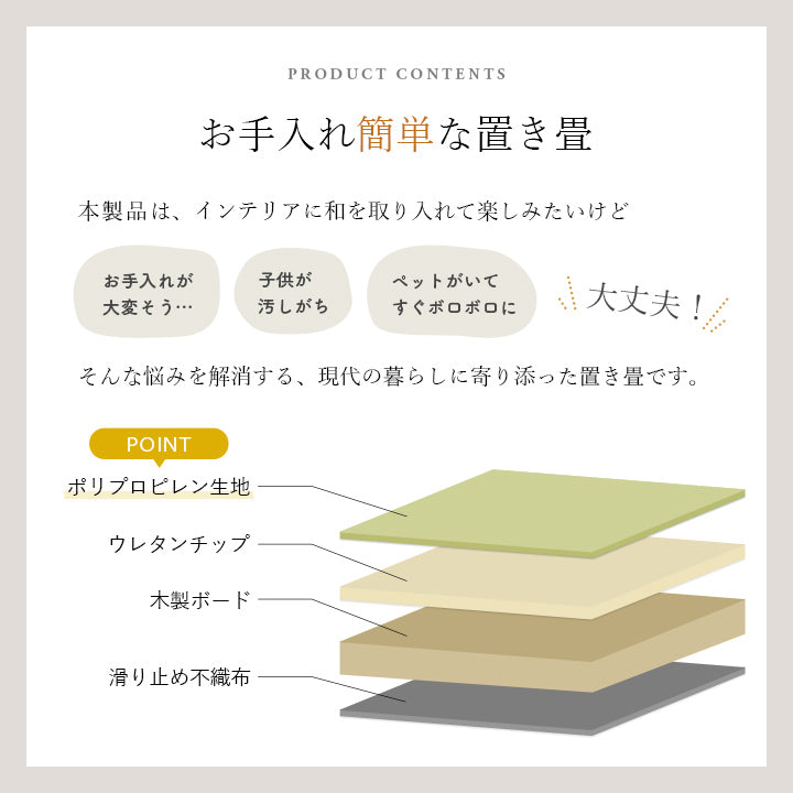 織で表現されたデザインの届いたら床に置くだけで畳のスペースができあがるユニット畳(置き畳)ミーサ