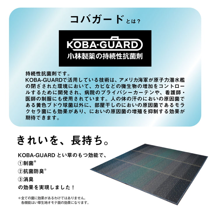 小林製薬の持続性抗菌剤であるKOBA-GUARDを使用しているので制菌・抗菌防臭効果があるい草のラグ・マット