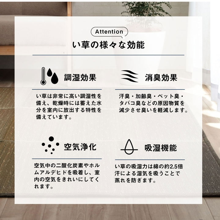 小林製薬の持続性抗菌剤であるKOBA-GUARDを使用しているので制菌・抗菌防臭効果があるい草のラグ・マット