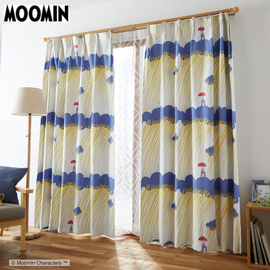 【MOOMIN ムーミン】嵐の中のちびのミイとムーミン 2級遮光カーテン RAIN DROP - レインドロップ ブルー 幅100×丈135~200cm(1枚入)