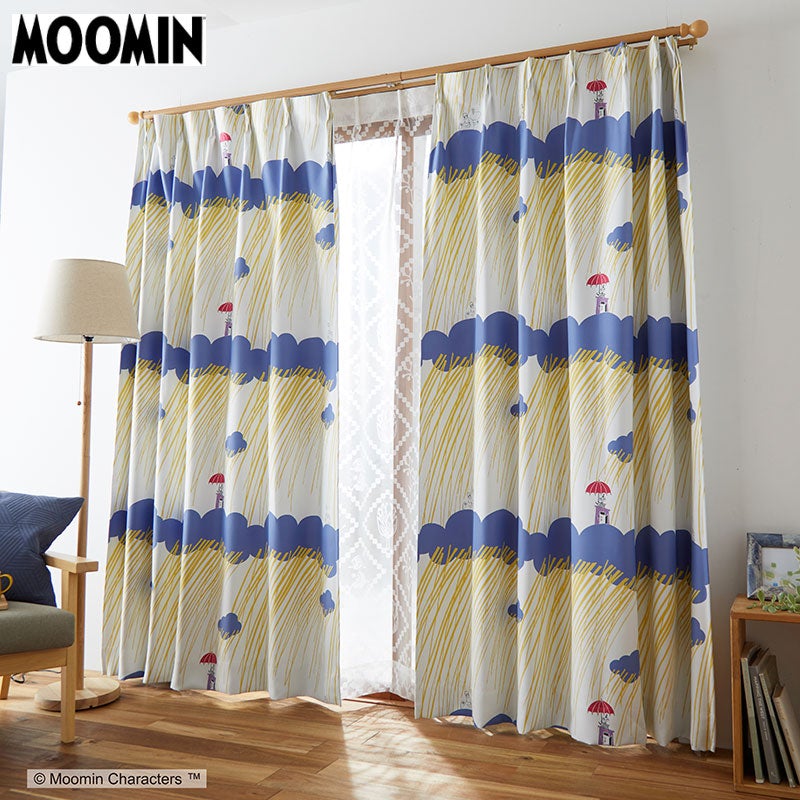 【MOOMIN ムーミン】嵐の中のちびのミイとムーミン 2級遮光カーテン RAIN DROP - レインドロップ ブルー