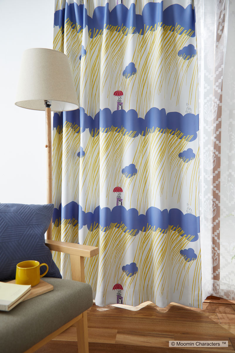 【MOOMIN ムーミン】嵐の中のちびのミイとムーミン 2級遮光カーテン RAIN DROP - レインドロップ ブルー 幅100×丈135~200cm(1枚入)