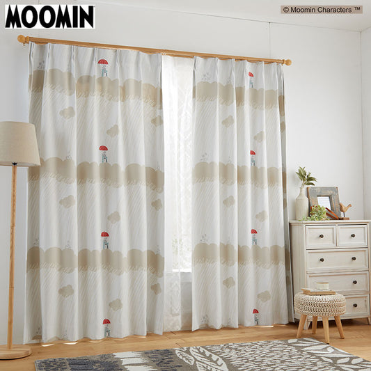 【MOOMIN ムーミン】嵐の中のちびのミイとムーミン 2級遮光カーテン RAIN DROP - レインドロップ ベージュ 幅100×丈135~200cm(1枚入)
