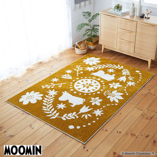 【MOOMIN ムーミン】北欧の伝統柄の中に森で暮らすムーミンたちを表現したラグ FOLK LINE RUG - フォークラインラグ イエロー