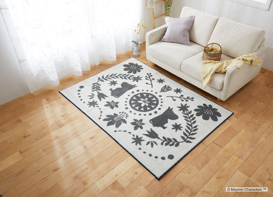 【MOOMIN ムーミン】北欧の伝統柄の中に森で暮らすムーミンたちを表現したラグ FOLK LINE RUG - フォークラインラグ アイボリー