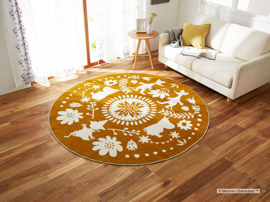 【MOOMIN ムーミン】北欧の伝統柄の中に森で暮らすムーミンたちを表現した円形ラグ185X185cm M FOLK LINE RUG - M フォークライン円形ラグ イエロー