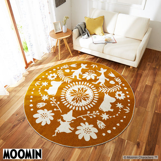 【MOOMIN ムーミン】北欧の伝統柄の中に森で暮らすムーミンたちを表現した円形ラグ185X185cm M FOLK LINE RUG - M フォークライン円形ラグ イエロー