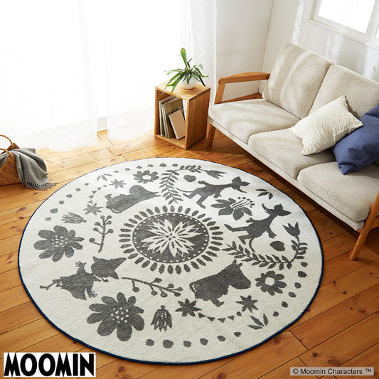 【MOOMIN ムーミン】北欧の伝統柄の中に森で暮らすムーミンたちを表現した円形ラグ185X185cm M FOLK LINE RUG - M フォークライン円形ラグ アイボリー