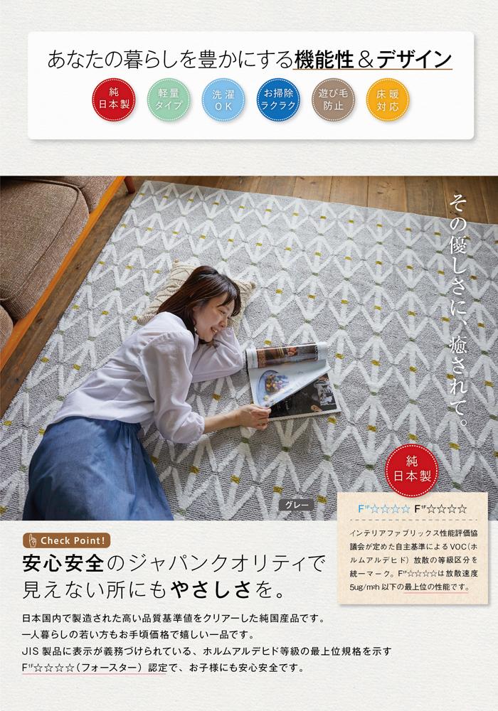 北欧カジュアルのステッチみたいな幾何柄とドットがおしゃれな洗える日本製ラグ Filme - フィルメ