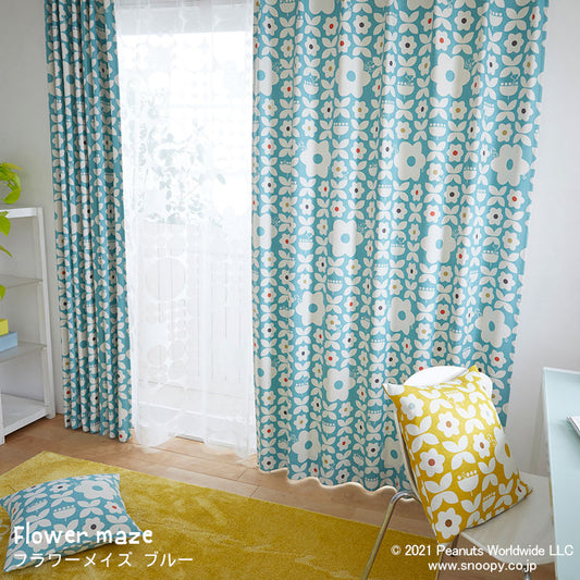 【SNOOPY スヌーピー】花の迷路とスヌーピーの3級遮光カーテン Flower maze - フラワーメイズ ブルー