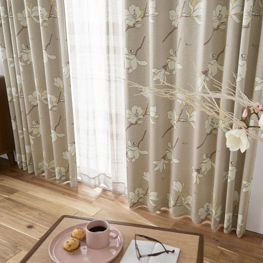 【SNOOPY スヌーピー】美しい花とスヌーピーとウッドストックの2級遮光カーテン Magnolia park - マグノリアパーク ベージュ 幅100×丈135~200cm(1枚入)