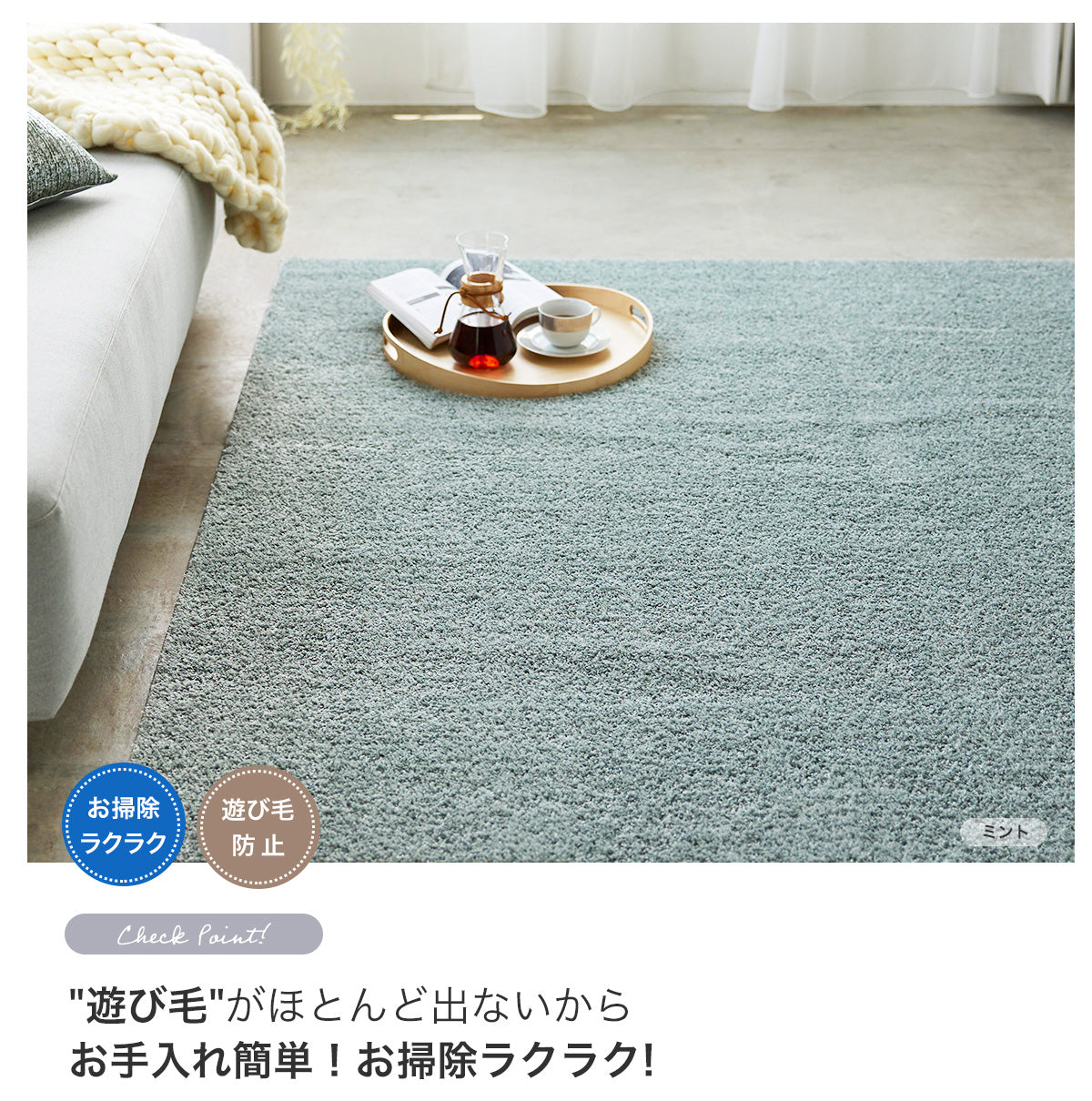 豊富な機能!やわらかな肌触りの日本製防ダニ加工のついたアレルブロックオールシーズンシンプル洗える無地ラグ ルフレ
