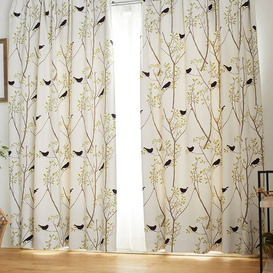 北欧カーテンシリーズ ケイランサスとストライプを組合せたレトロなデザインの2級遮光カーテン MIKI NI KOTORI - ミキニコトリ イエロー