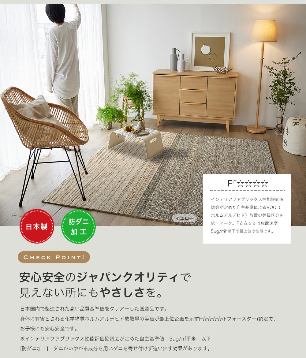 大胆な構成の中に複雑な小柄をあしらったナチュラルな雰囲気のウール混ラグ デゼルト