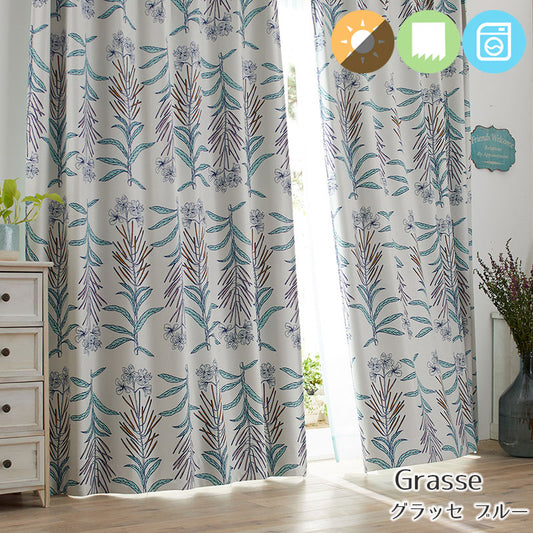 北欧カーテンシリーズ 繊細なラインで描いた品のあるフラワー柄の遮光カーテン幅100×丈135~200cm(1枚入) Glasse - グラッセ ブルー