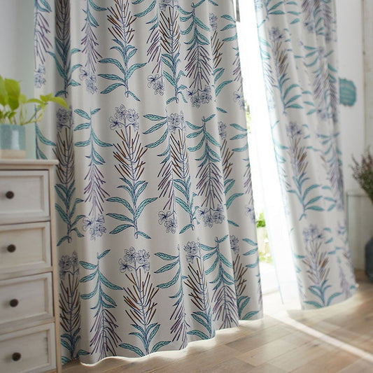 北欧カーテンシリーズ 繊細なラインで描いた品のあるフラワー柄の遮光カーテン Glasse - グラッセ ブルー