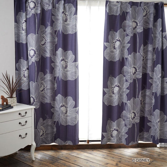 【Disney ディズニー】大胆なアネモネがエレガントな雰囲気の遮光カーテン MICKEY Okii anemone - ミッキー オオキイアネモネ ダークブルー